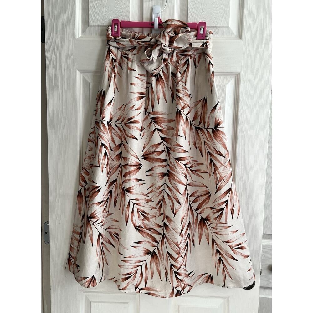ANN TAYLOR Linen Blend Pearl Sand Tropical Leaf Print Tie Waist Midi Skirt Sz S - Picture 2 of 11
